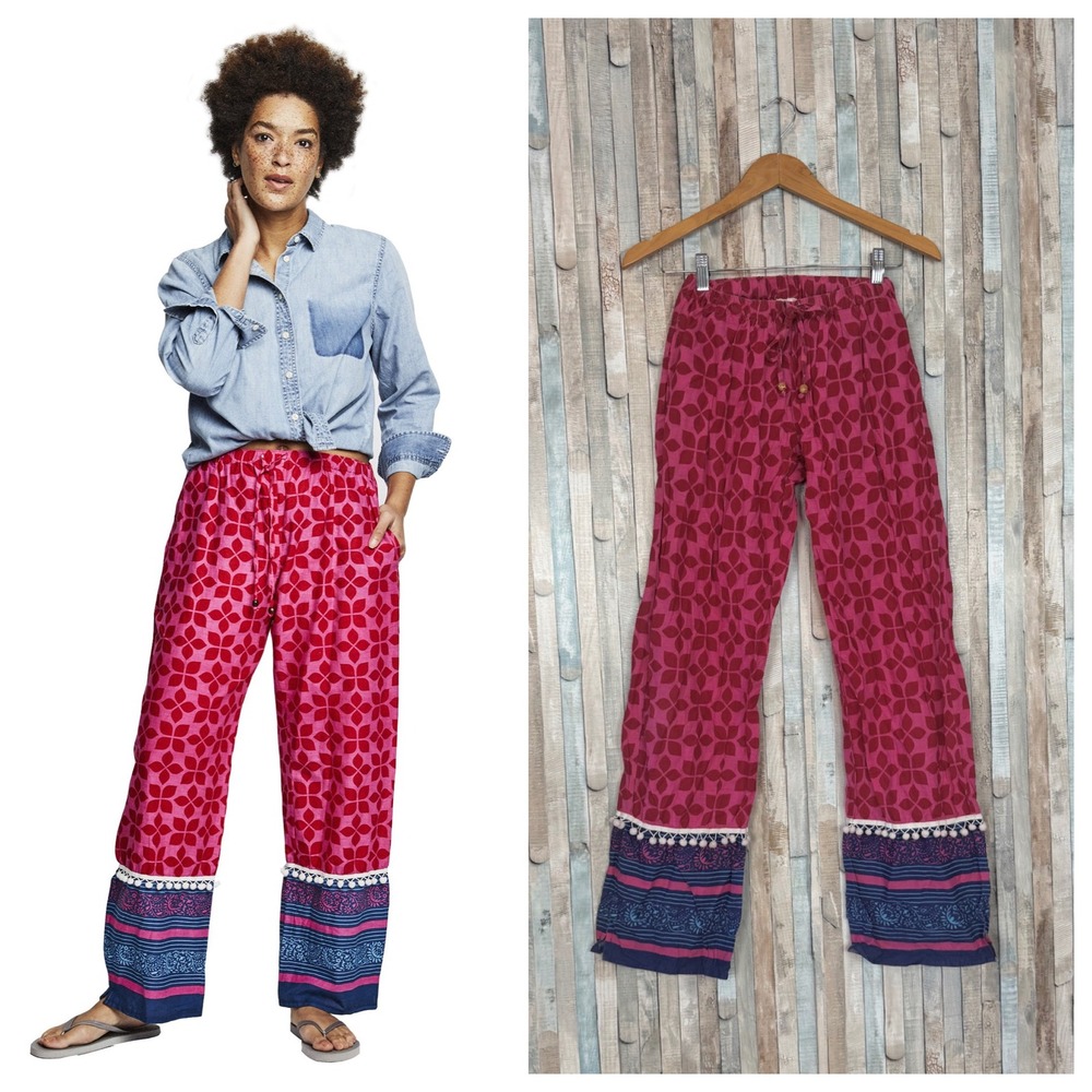 Sudara Punjammies Pink Pinky‎ Geometric Print Pom Pom Trim Pajama Pants Boho XS